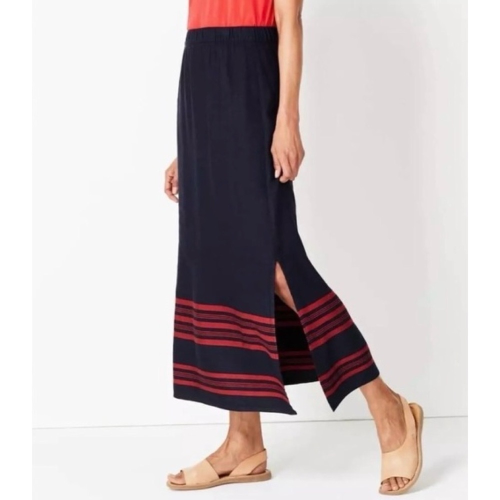J. Jill New Horizons Navy Red Striped Linen Blend Pull On Maxi Skirt S